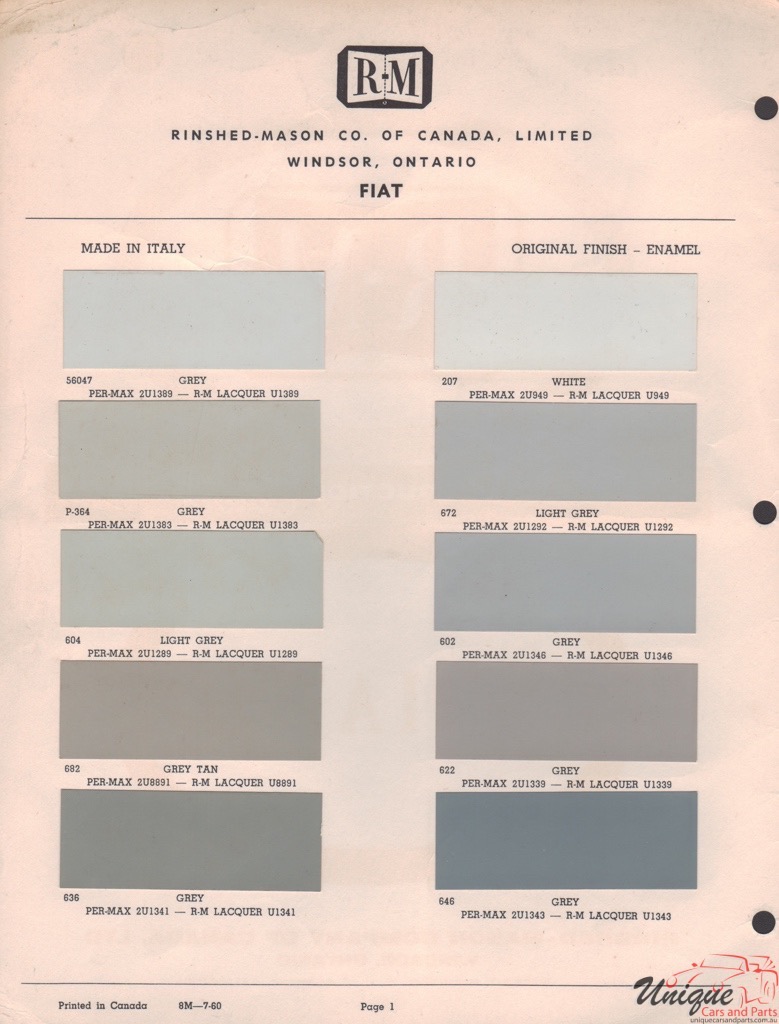 1950-1960 Fiat Paint Charts RM 1